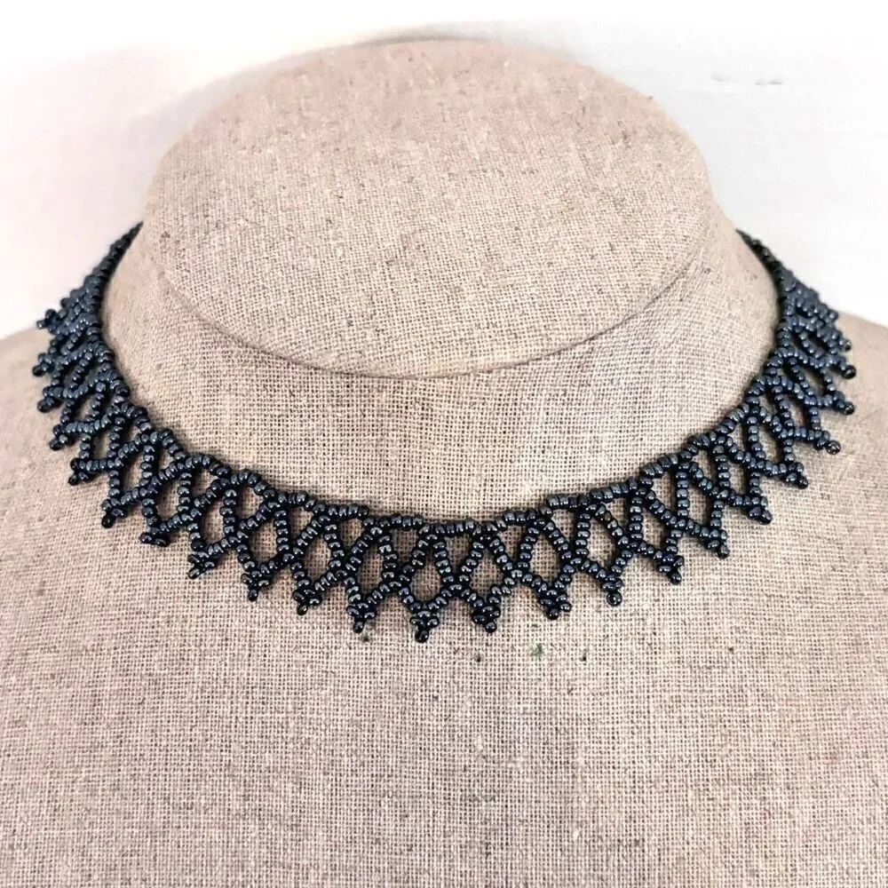 Antique Netted Seed Beads Collar Choker Toggle Statement Fashion Necklace Black